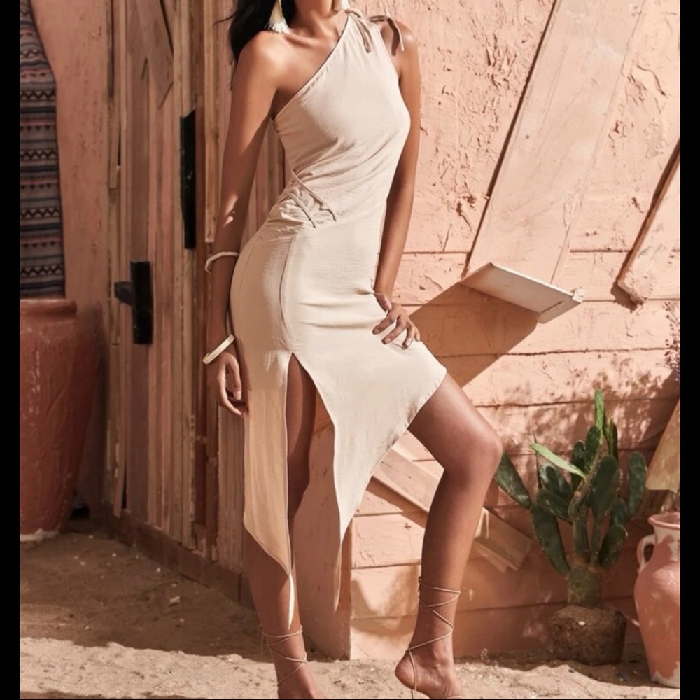 Apricot One Shoulder Asymmetrical Hem Dress